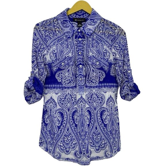 VTG Y2K Fairy Grunge Paisley Mesh Button Front Top Large White Blue Long Sleeve - Picture 2 of 8